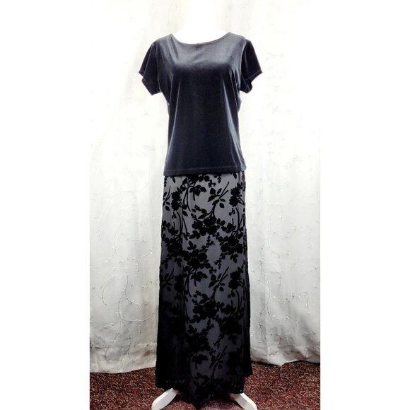 KATE HILL Silk Maxi Skirt & Top 2pc Set Black Velvet Floral Size 8 Medium - Picture 1 of 11